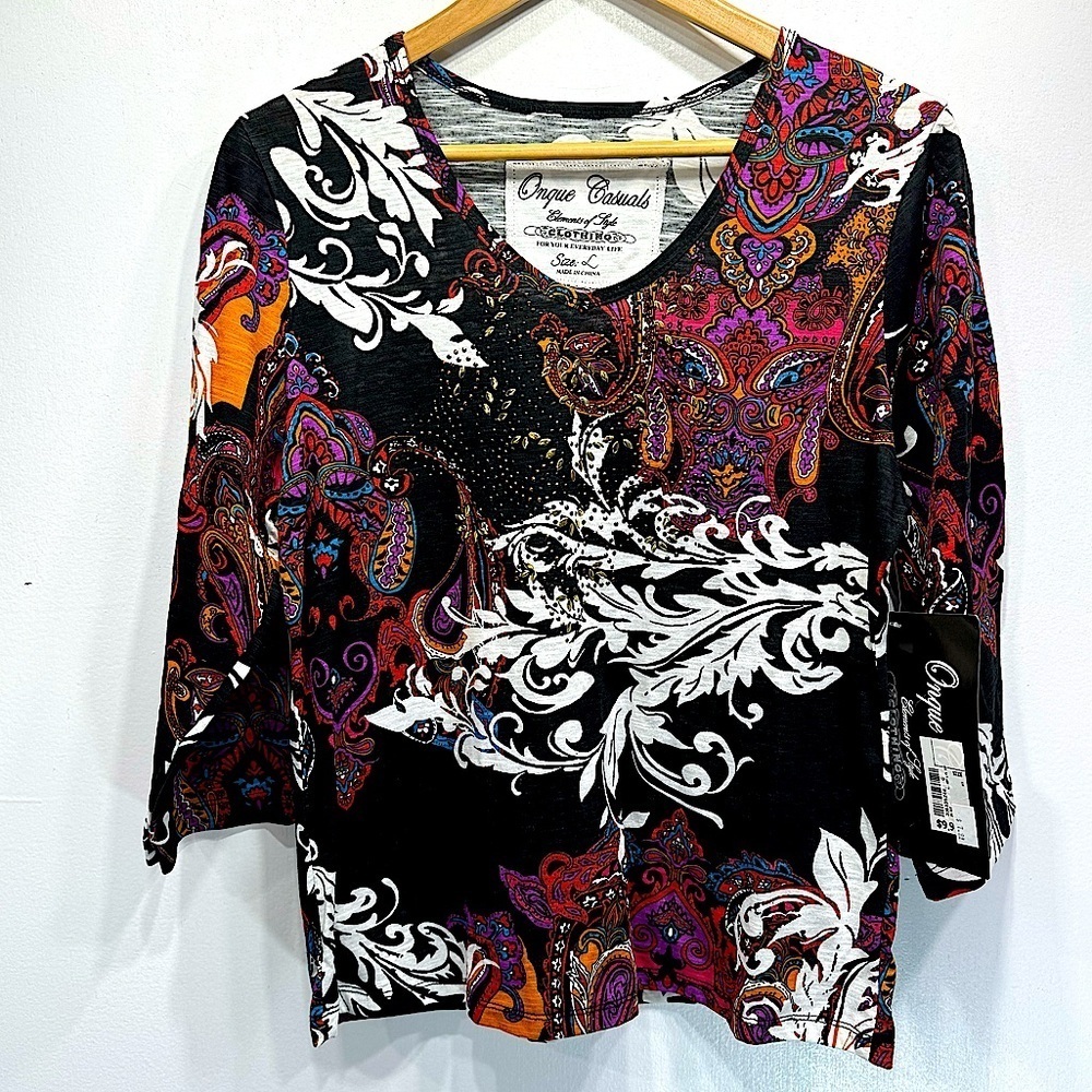 Onque Casuals 3/4 Sleeve Black with Jewel Tones Paisley Studded Rhinestone Top